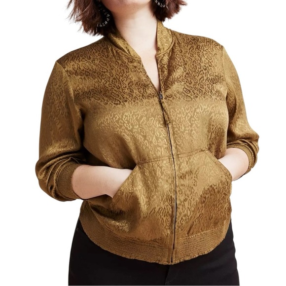 MAEVE Anthropologie Olive Green Gold Silky Leopard Bomber Jacket Size Small - Picture 1 of 9